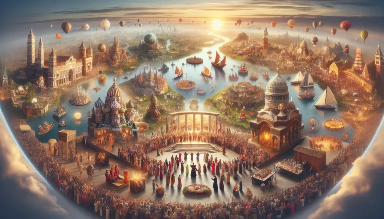 Un gruppo di persone che partecipano a un festival culturale, indossando costumi tradizionali e ballando insieme in un'atmosfera festosa.