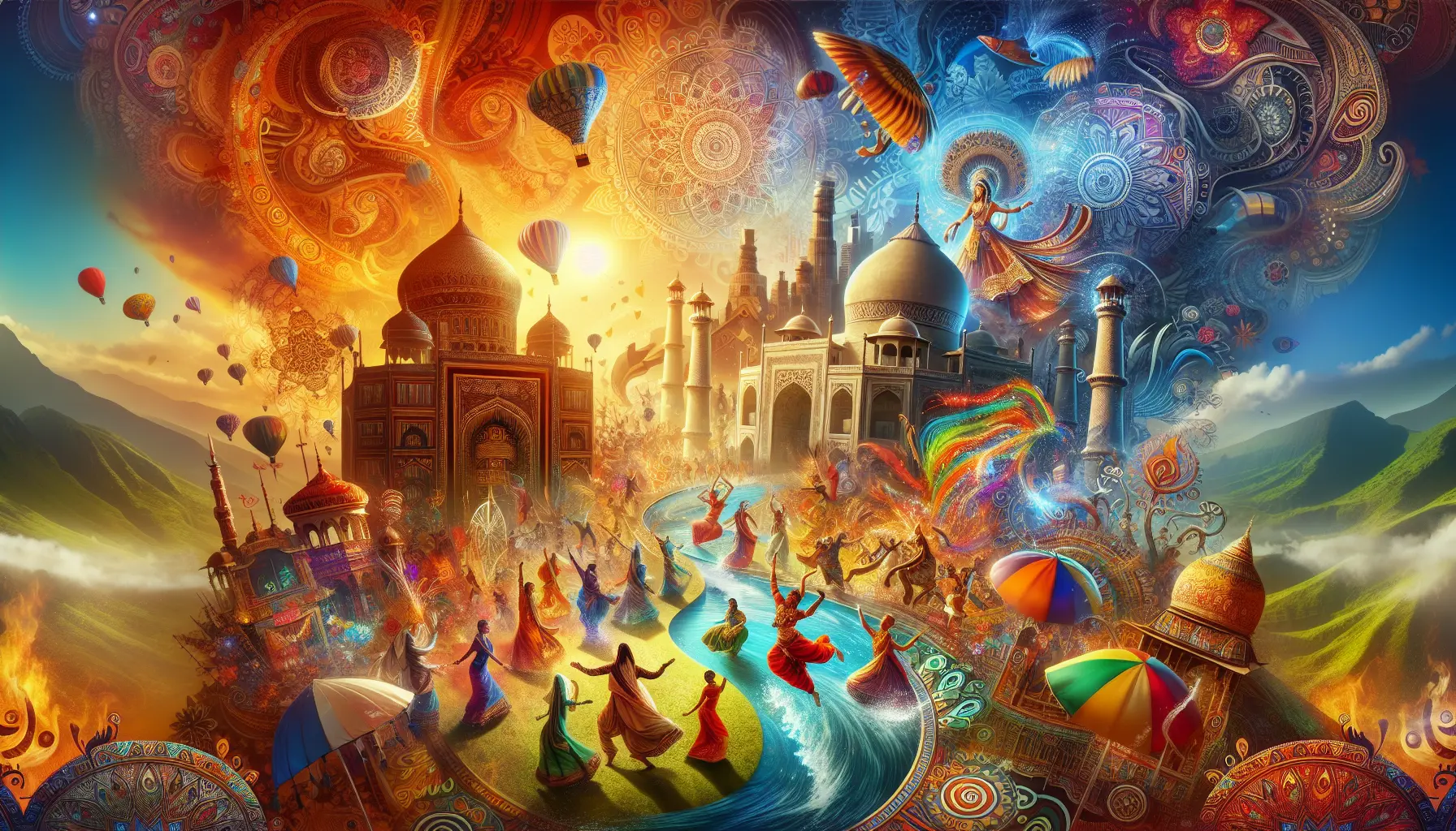 Un gruppo di persone che festeggiano durante un festival culturale, con costumi colorati e decorazioni vivaci.