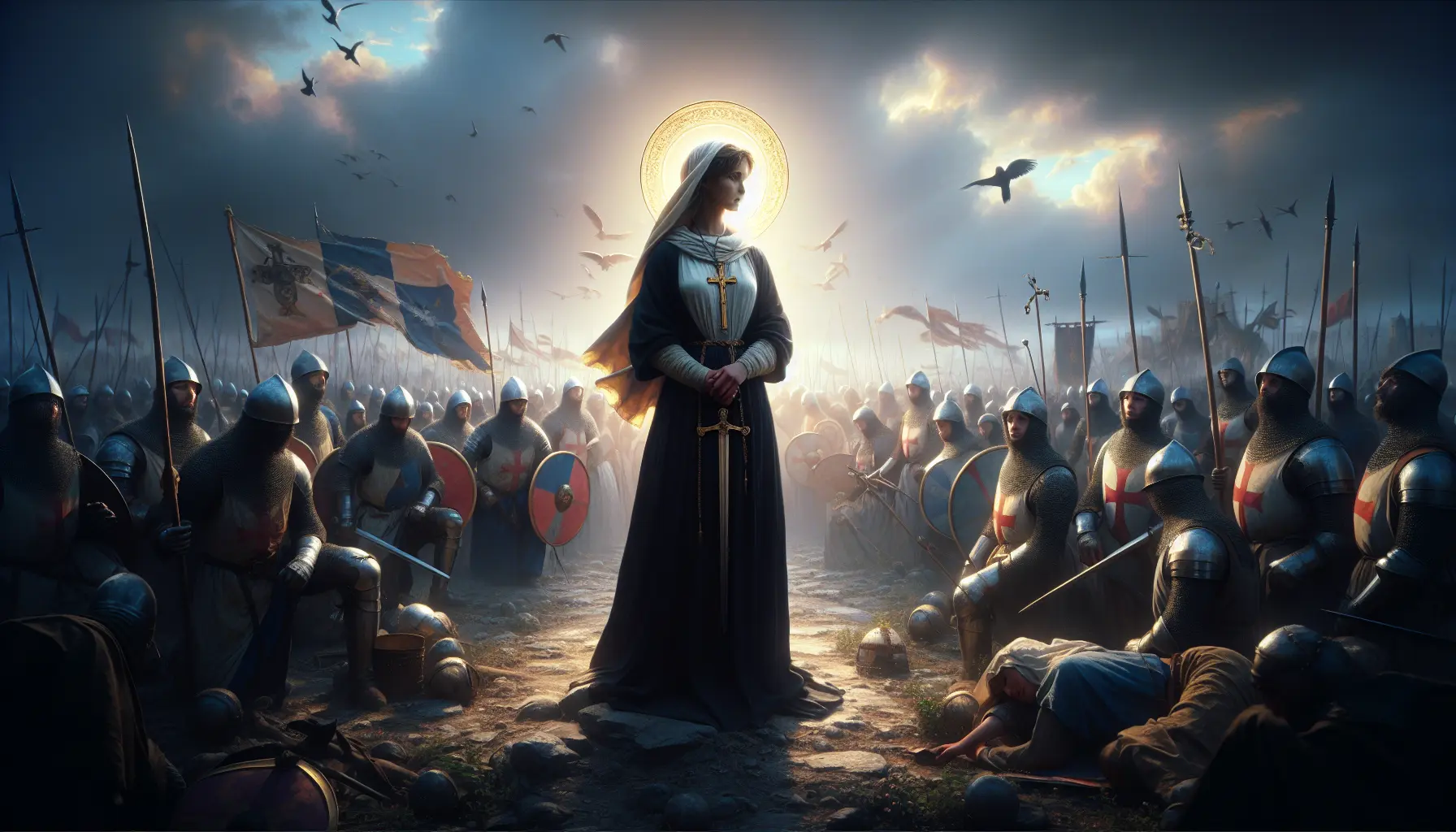 Rappresentazione artistica di Giovanna d'Arco in armatura, mentre guida le truppe francesi in battaglia.