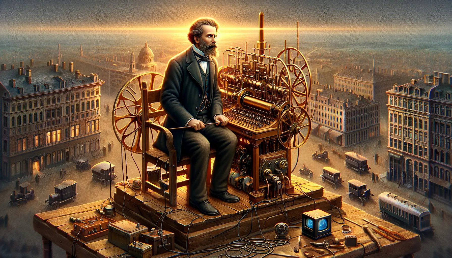 Ritratto di Guglielmo Marconi con apparecchiature per la comunicazione senza fili