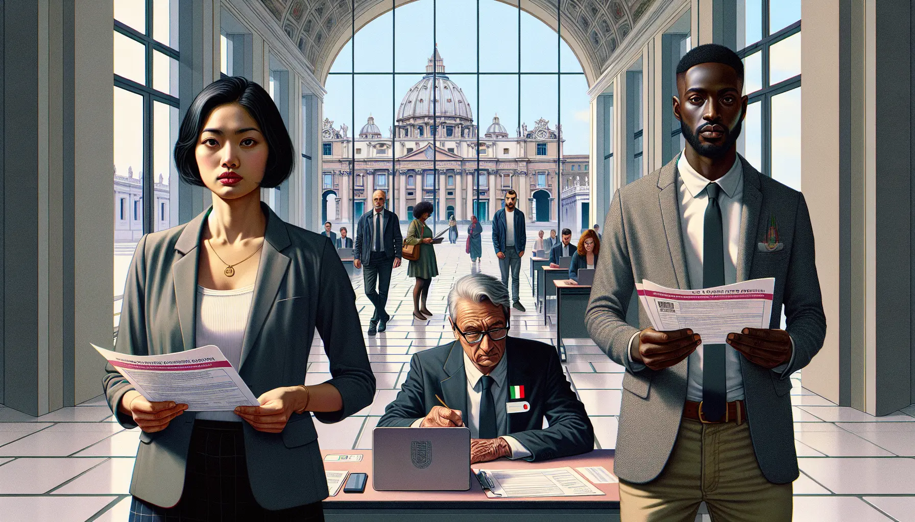 Un'immagine che rappresenta il processo di richiesta del permesso di soggiorno in Italia, con documenti e persone in attesa presso un ufficio immigrazione.