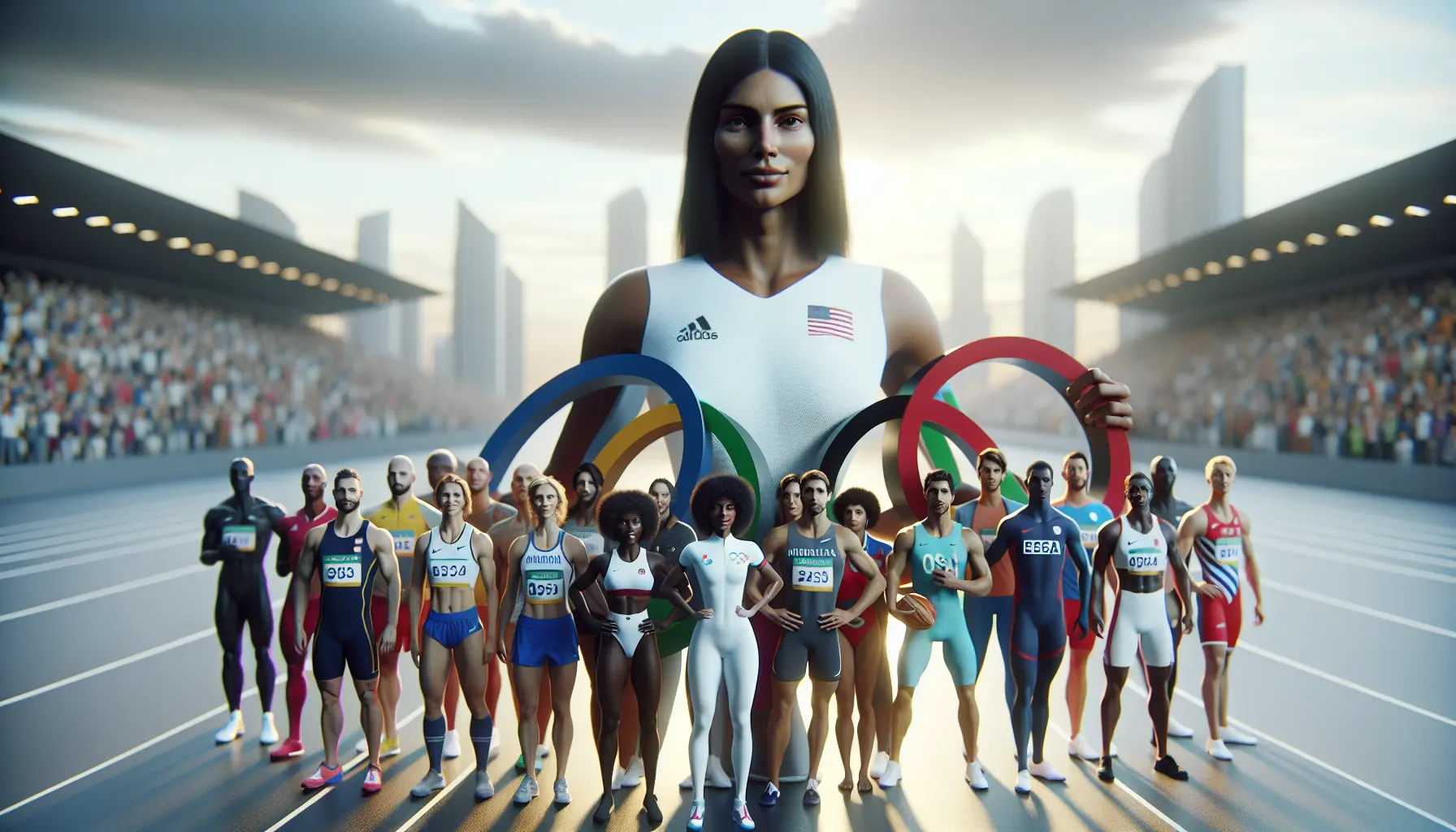 Atleti di diverse nazionalità che si abbracciano durante una cerimonia olimpica, simboleggiando l'unità e la pace globale.