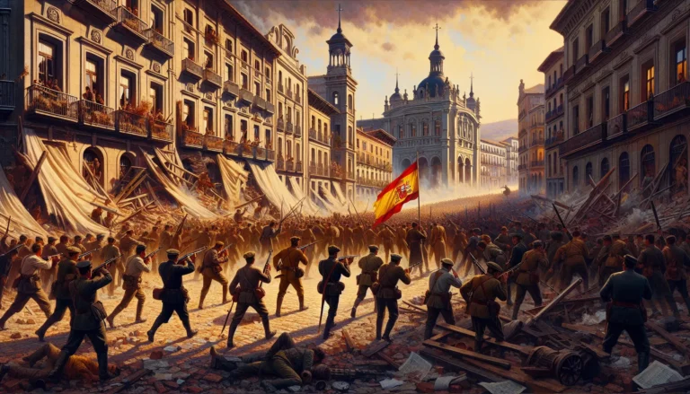Un'immagine storica che rappresenta il conflitto della guerra civile spagnola, con soldati e simboli del Bando Nacional.