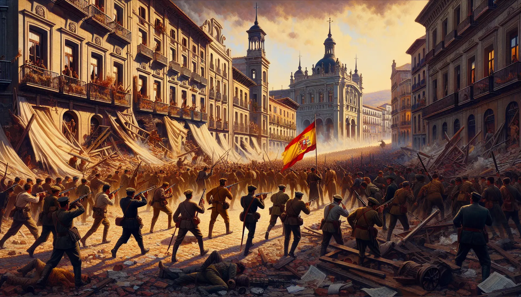 Un'immagine storica che rappresenta il conflitto della guerra civile spagnola, con soldati e simboli del Bando Nacional.