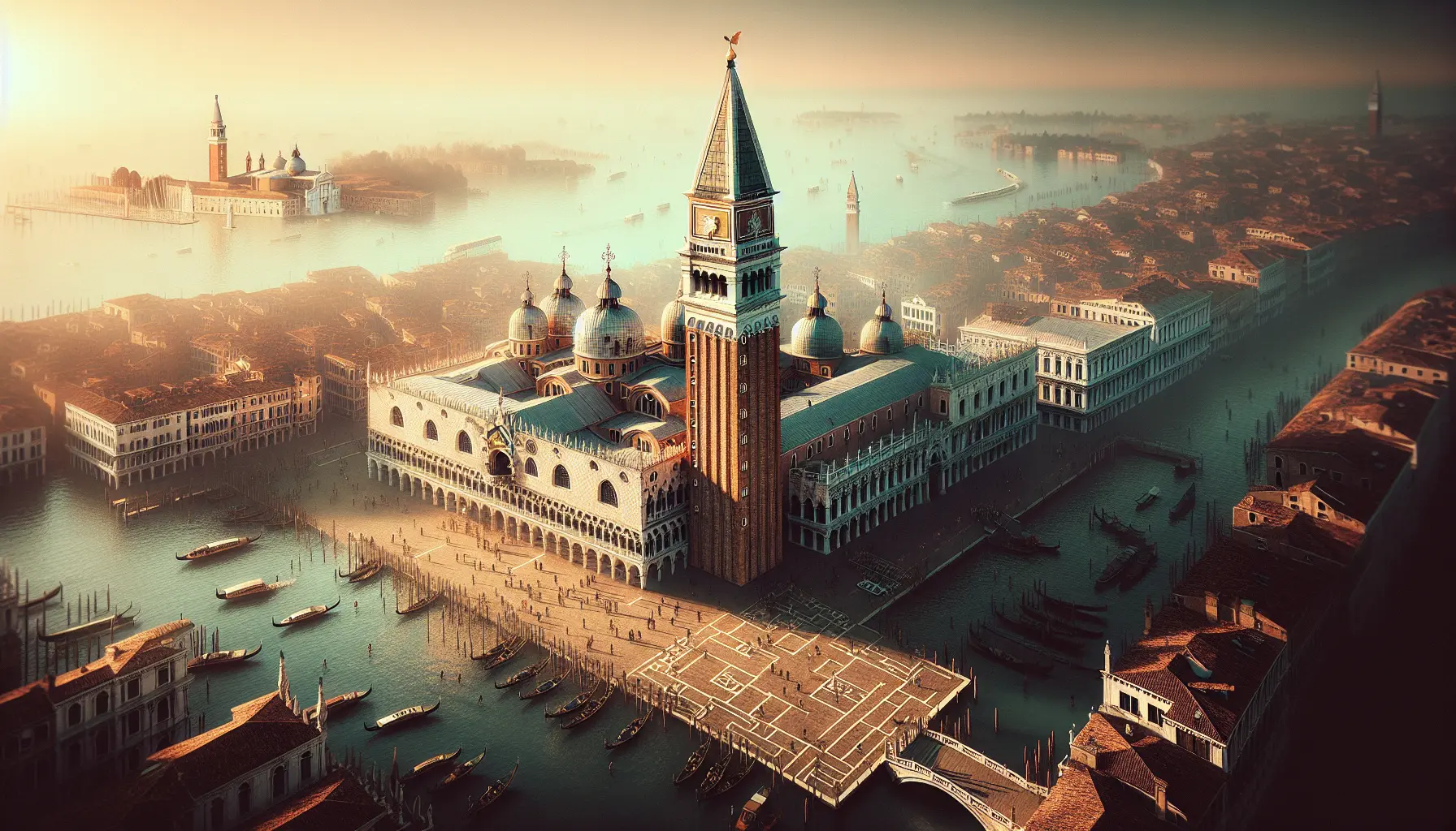 Vista panoramica del Campanile di San Marco con il cielo azzurro sullo sfondo, simbolo di Venezia.