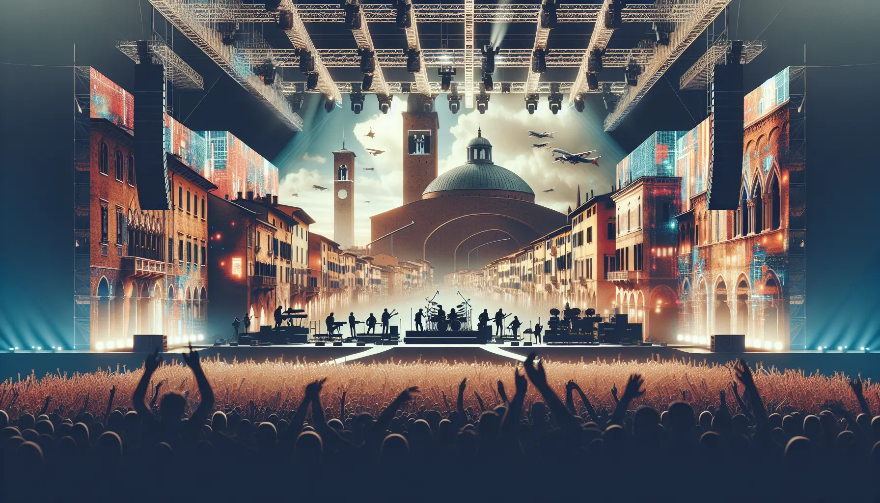 Cesare Cremonini durante un concerto, circondato da fan entusiasti che cantano e ballano.