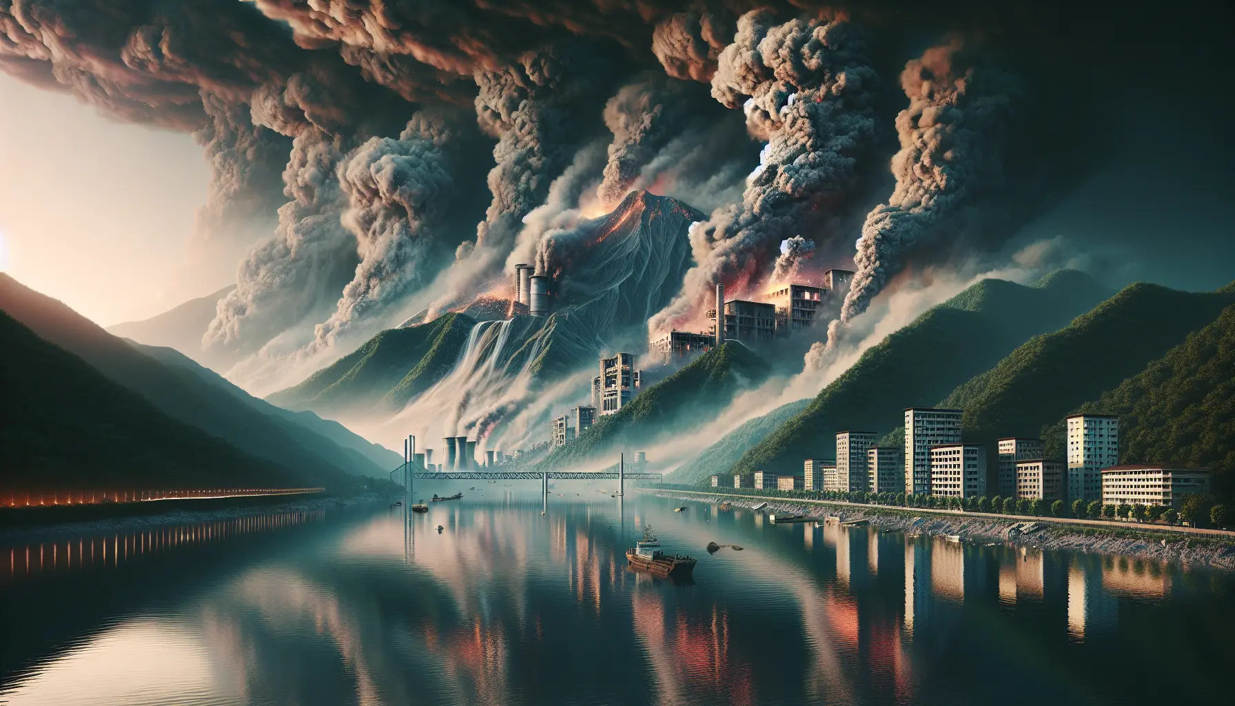 Immagine che rappresenta il disastro di Seveso, con un paesaggio industriale contaminato e segni di recupero ambientale.