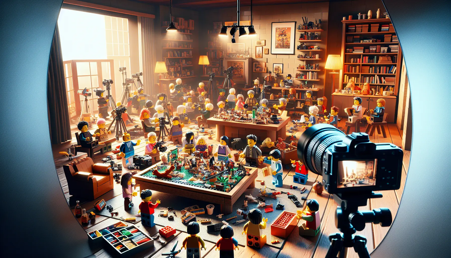 Un set di mattoncini LEGO utilizzati per creare un Brick Film, con personaggi in movimento e uno sfondo colorato.