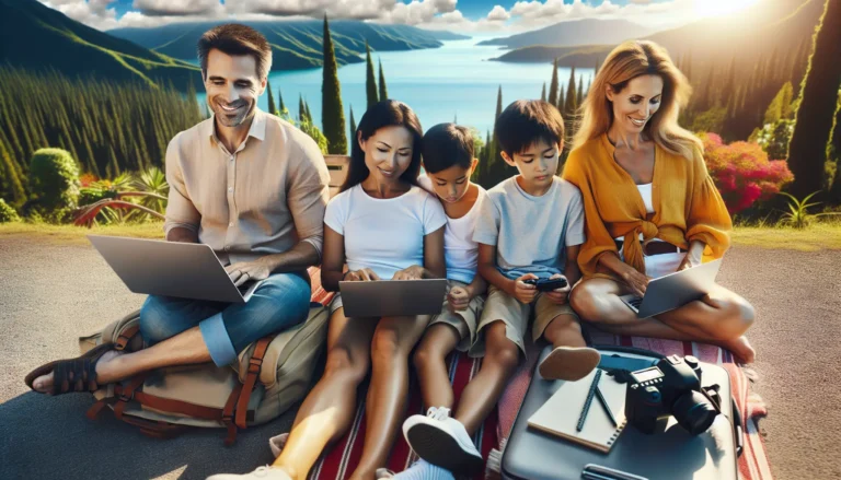 Una famiglia che lavora su un laptop mentre esplora una spiaggia tropicale