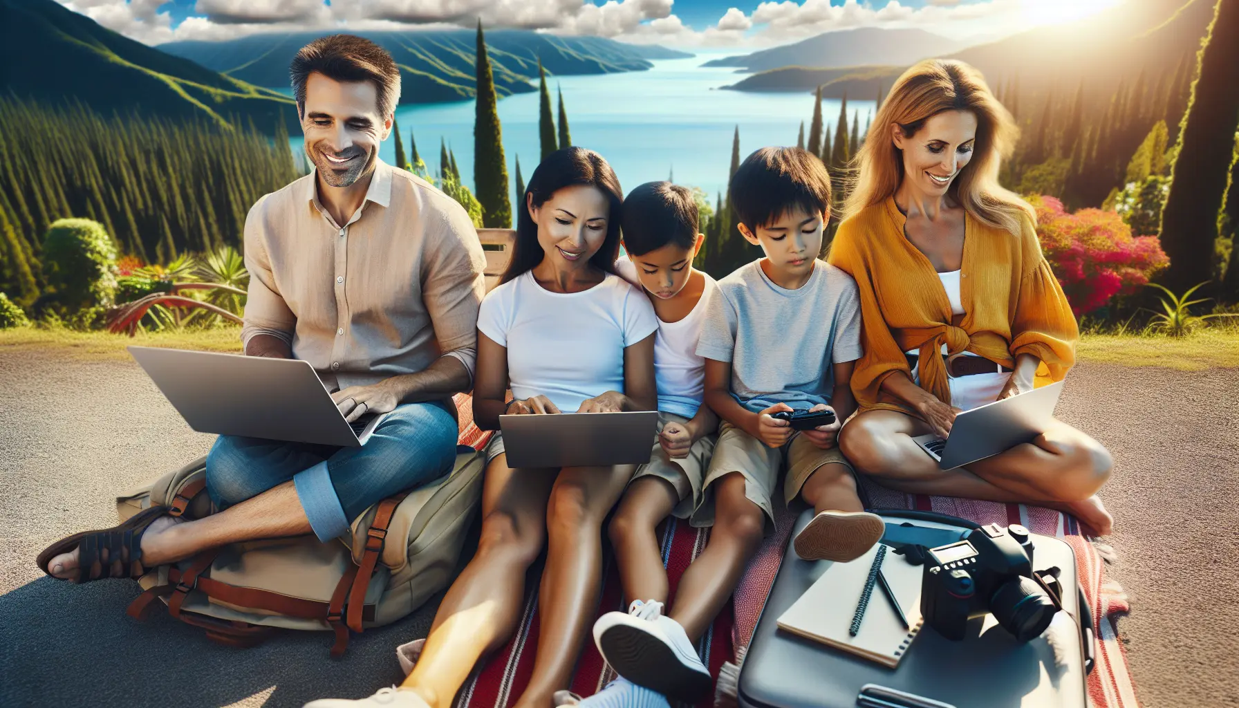 Una famiglia che lavora su un laptop mentre esplora una spiaggia tropicale