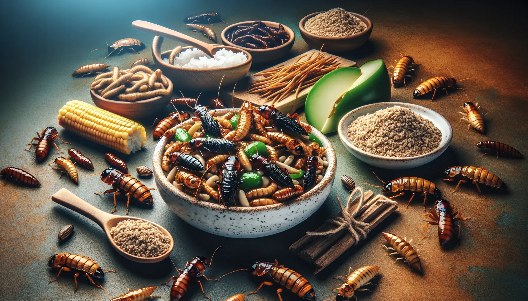 Un piatto gourmet con insetti commestibili mescolati a ingredienti tradizionali.