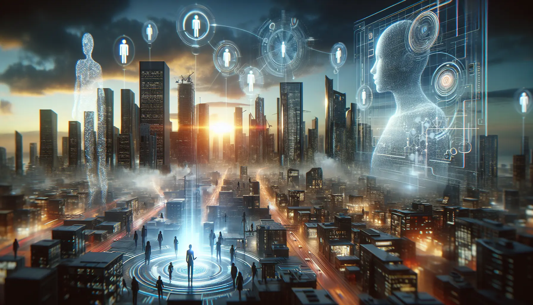 Un ambiente virtuale immersivo con avatar che interagiscono in un contesto di lavoro collaborativo.