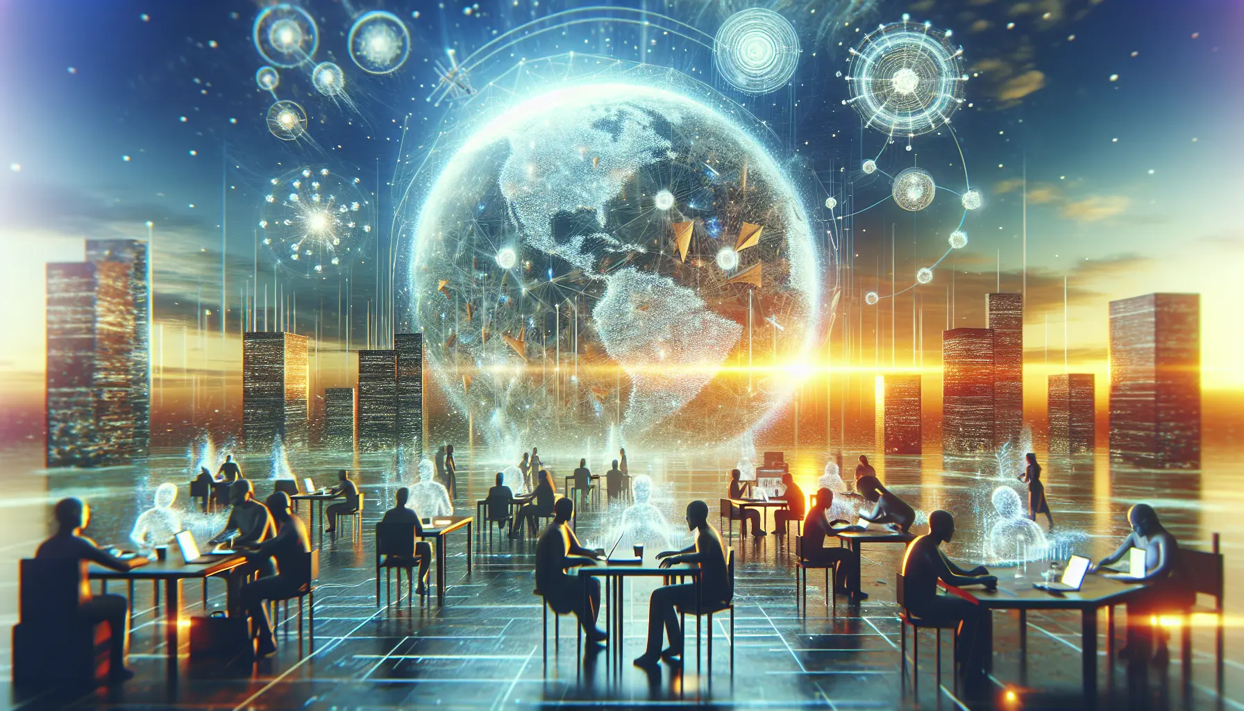 Un avatar in un ambiente virtuale immersivo che interagisce con altri avatar in un contesto di socializzazione nel metaverso.