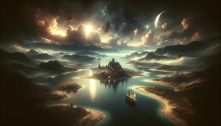 Un'immagine panoramica dell'Isola di Roanoke, con vegetazione lussureggiante e acque cristalline che circondano un luogo avvolto nel mistero.