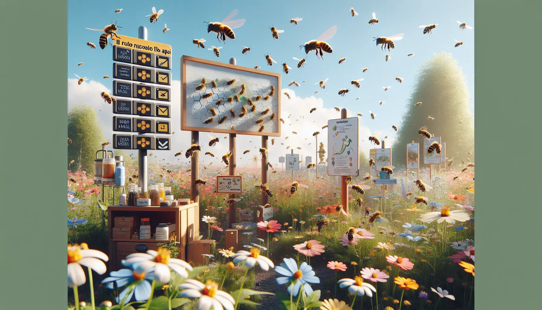 Un campo fiorito con api che impollinano i fiori, simbolo della biodiversità e della salute dell'ambiente.