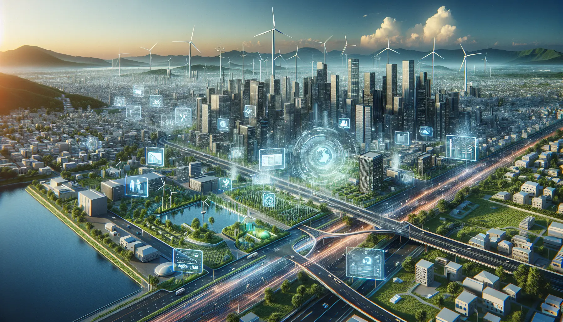 Immagine di una città intelligente con infrastrutture sostenibili e tecnologie avanzate