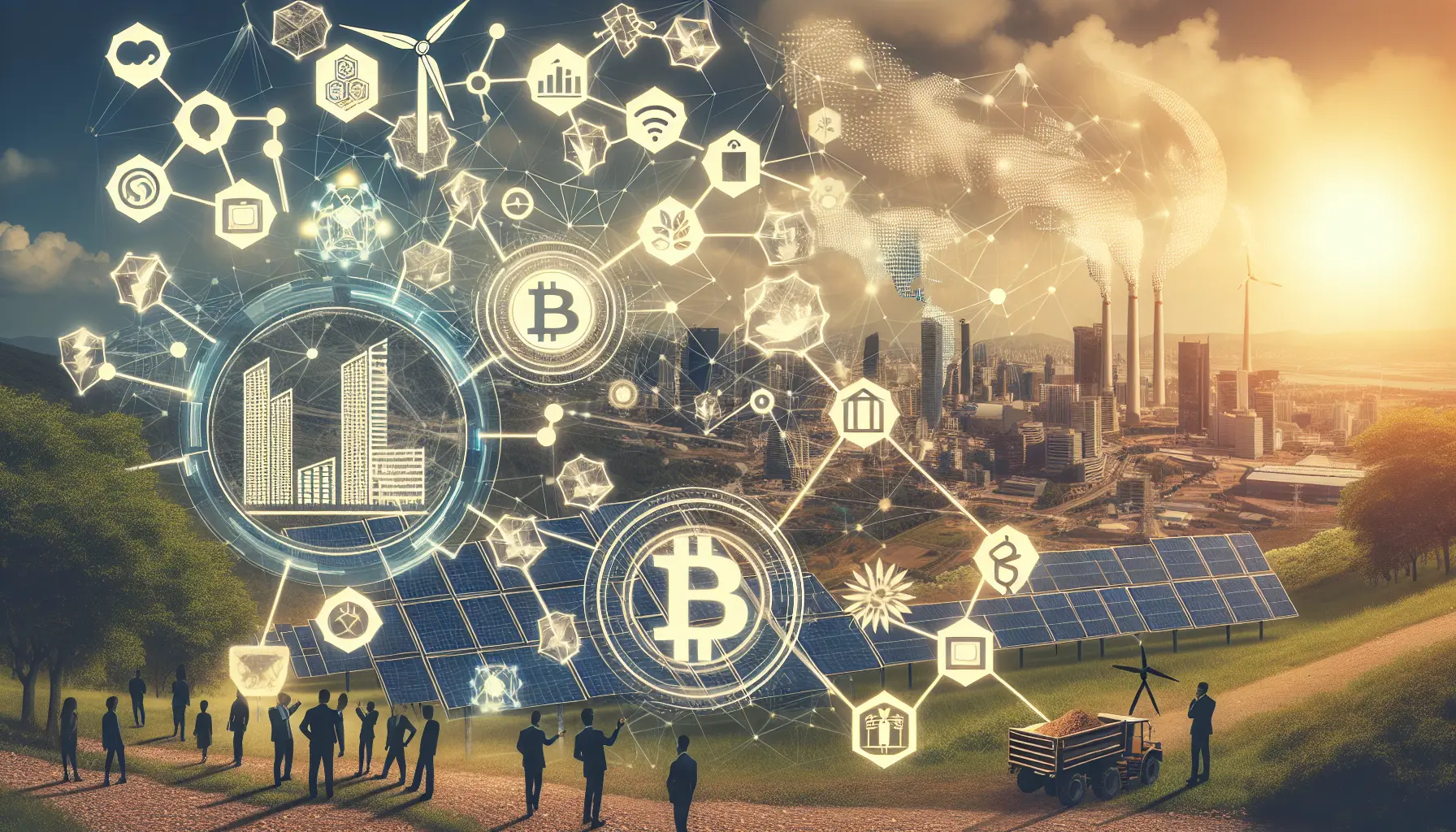 Rappresentazione visiva della blockchain applicata alla sostenibilità ambientale, con elementi naturali e tecnologici che si intrecciano.