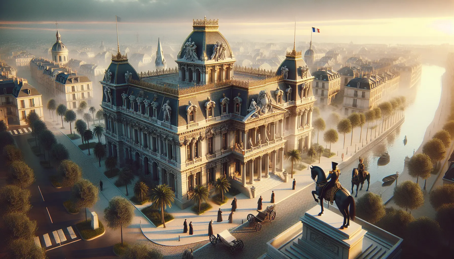 Rappresentazione artistica della Parigi del Secondo Impero, con ampie avenue e architettura iconica.