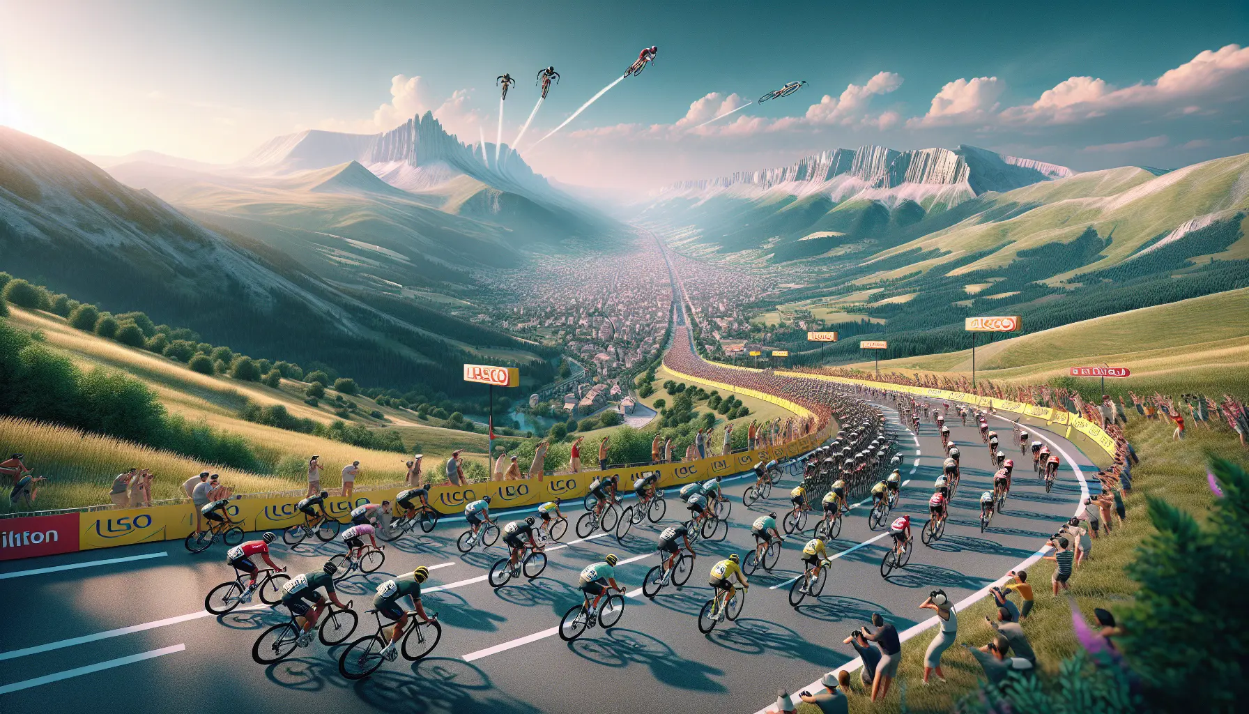 Ciclisti in gara durante il Tour de France, circondati da spettatori entusiasti lungo il percorso.