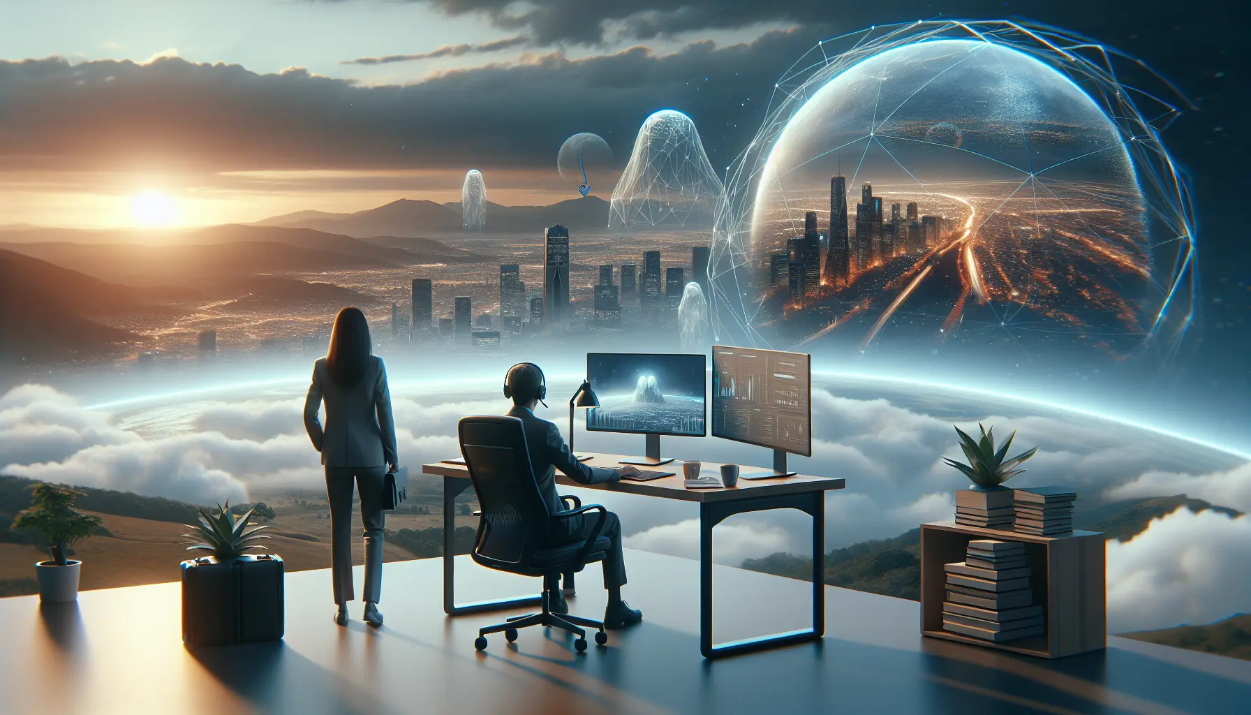 Un professionista che lavora da casa, circondato da tecnologia e comfort, rappresentando il futuro del lavoro remoto.