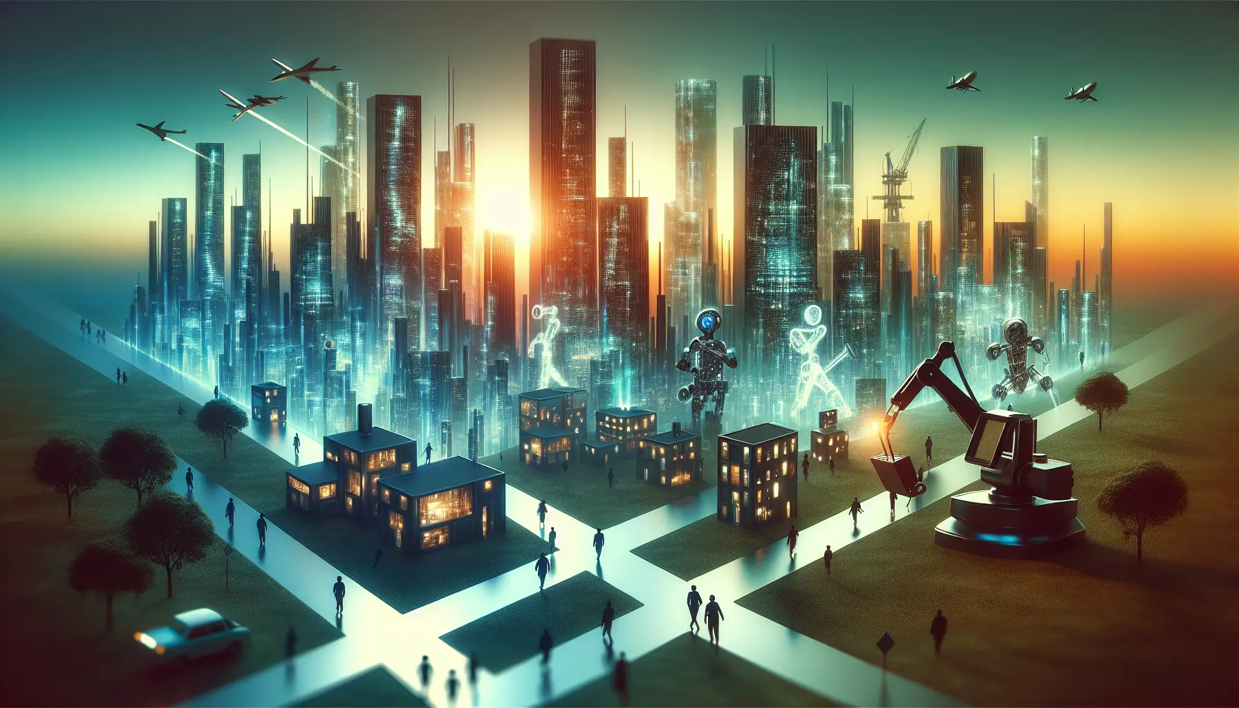 Un'immagine che rappresenta l'automazione nel lavoro, con robot e professionisti che collaborano in un ambiente di lavoro moderno.