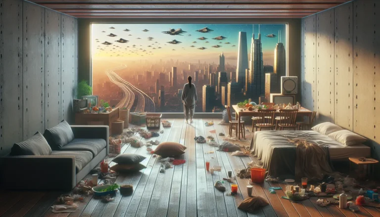 Immagine che rappresenta il concetto di decrescita, con simboli di sostenibilità e vita semplice.