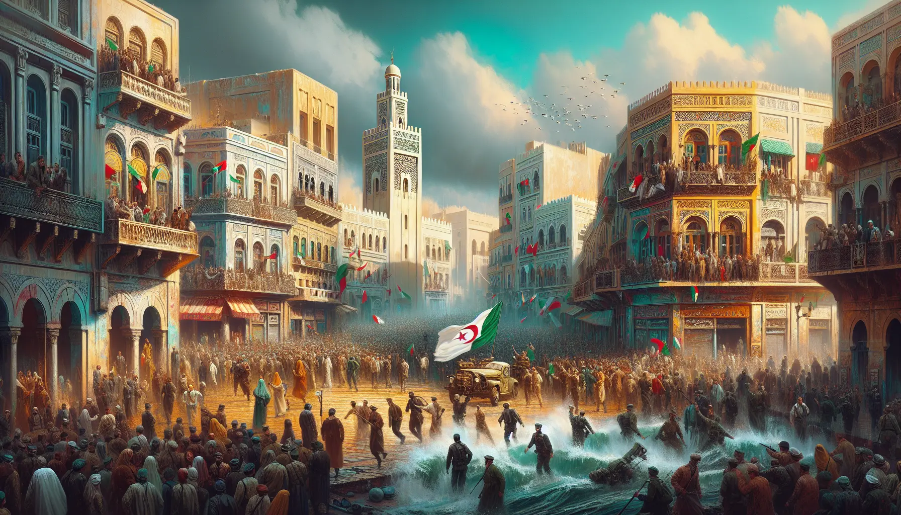 Manifestazione per l'indipendenza dell'Algeria, con bandiere e simboli nazionali, rappresentando la lotta per la libertà.
