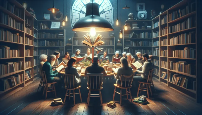 Un gruppo di persone sedute in cerchio che discutono animatamente di un libro, con libri e tazze di tè sui tavoli.