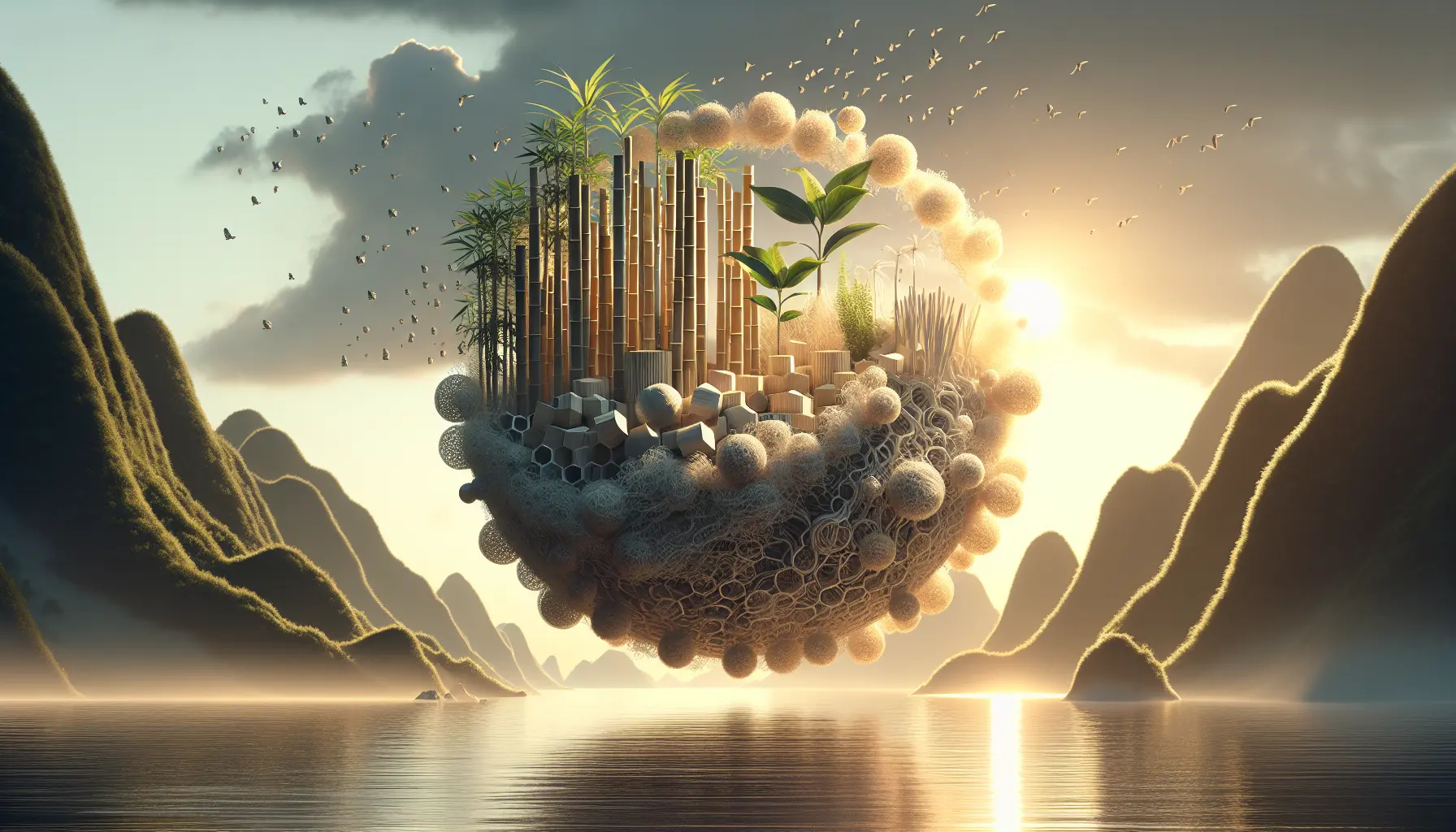 Rappresentazione di materiali sostenibili come bambù e micelio, simbolo di innovazione ecologica.