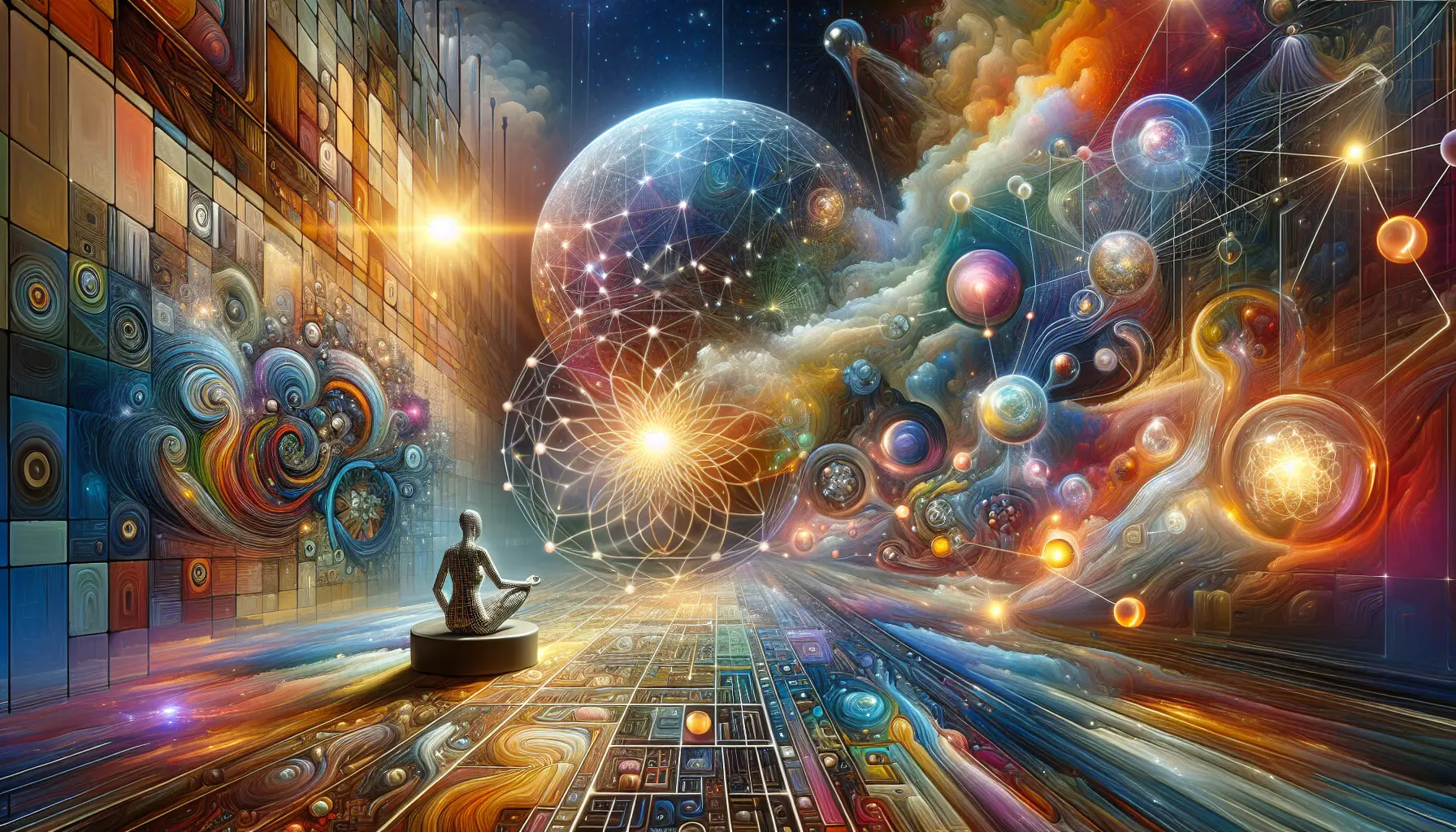 Un'opera d'arte generata da un algoritmo di intelligenza artificiale, che mescola stili e colori sorprendenti.