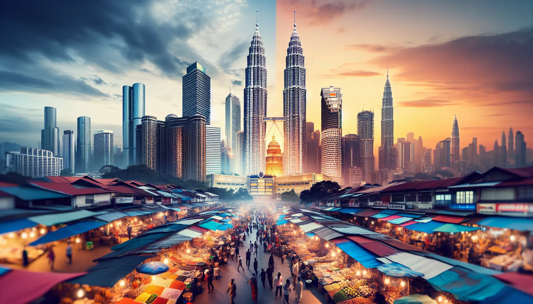 Vista panoramica delle Petronas Towers illuminate di notte a Kuala Lumpur, con il cielo stellato sullo sfondo.