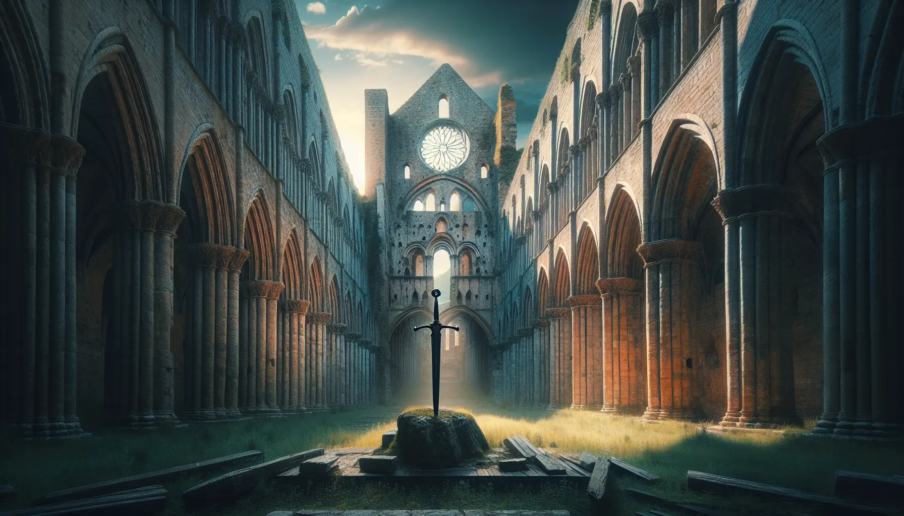 Vista dell'Abbazia di San Galgano, un antico sito storico toscano con rovine suggestive e un'atmosfera mistica.