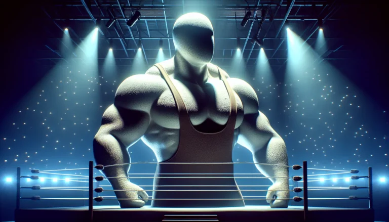 Hulk Hogan in azione sul ring, circondato da fan entusiasti con bandiere e cartelli di supporto.