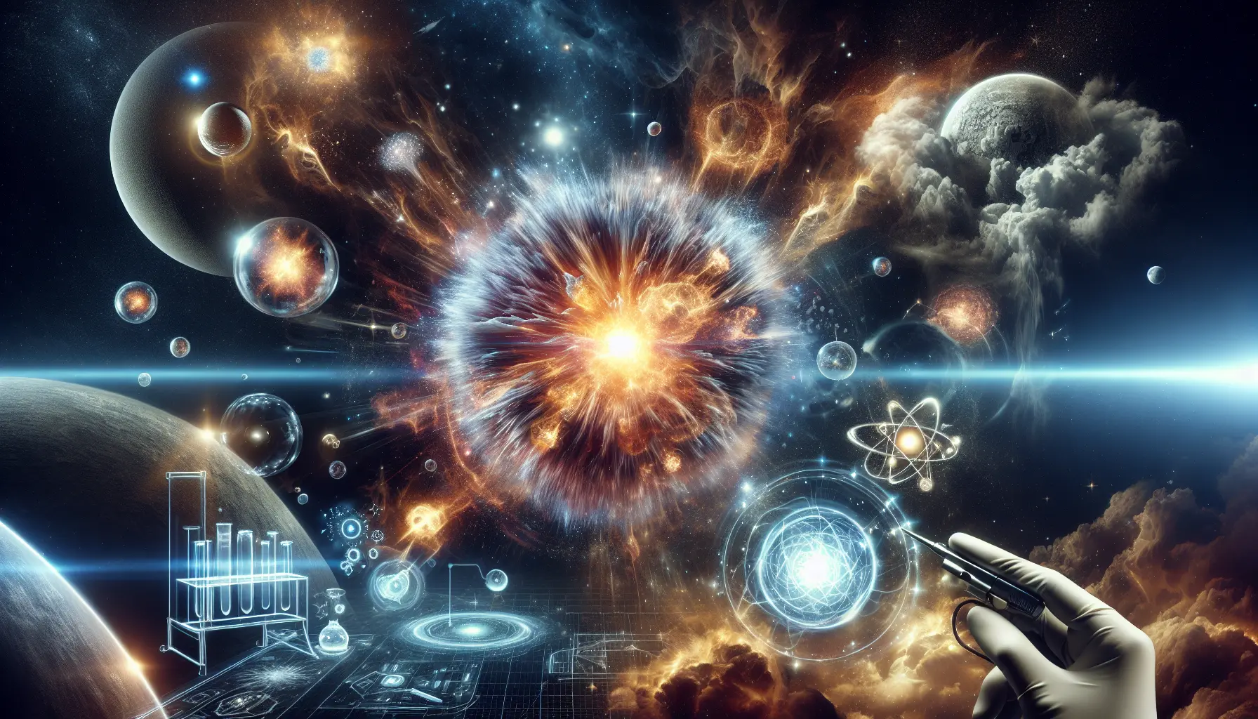 Esplosione di supernova che illumina il cielo stellato, rappresentando un fenomeno astronomico straordinario.