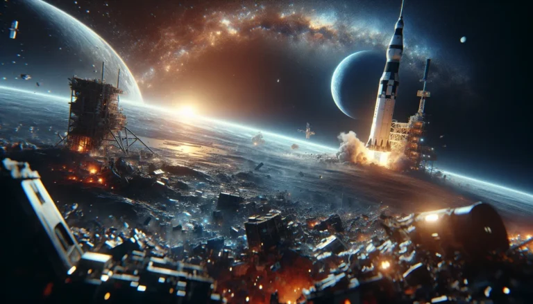 Astronauti sulla Luna con la Terra visibile sullo sfondo, simbolo dell'esplorazione spaziale e dell'unità umana.