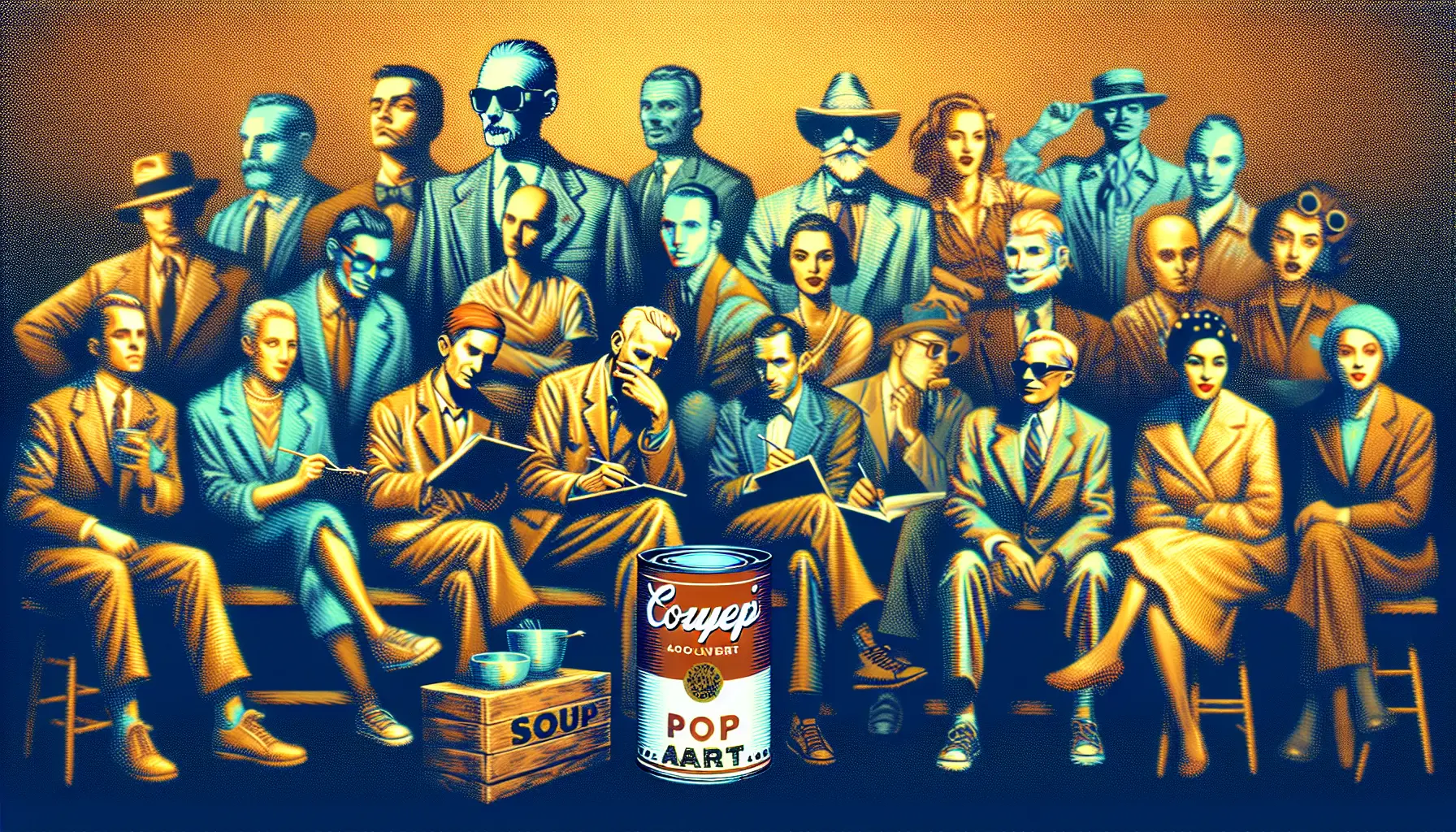 Ritratto di Andy Warhol circondato da opere iconiche della pop art, rappresentando il suo stile unico e innovativo.