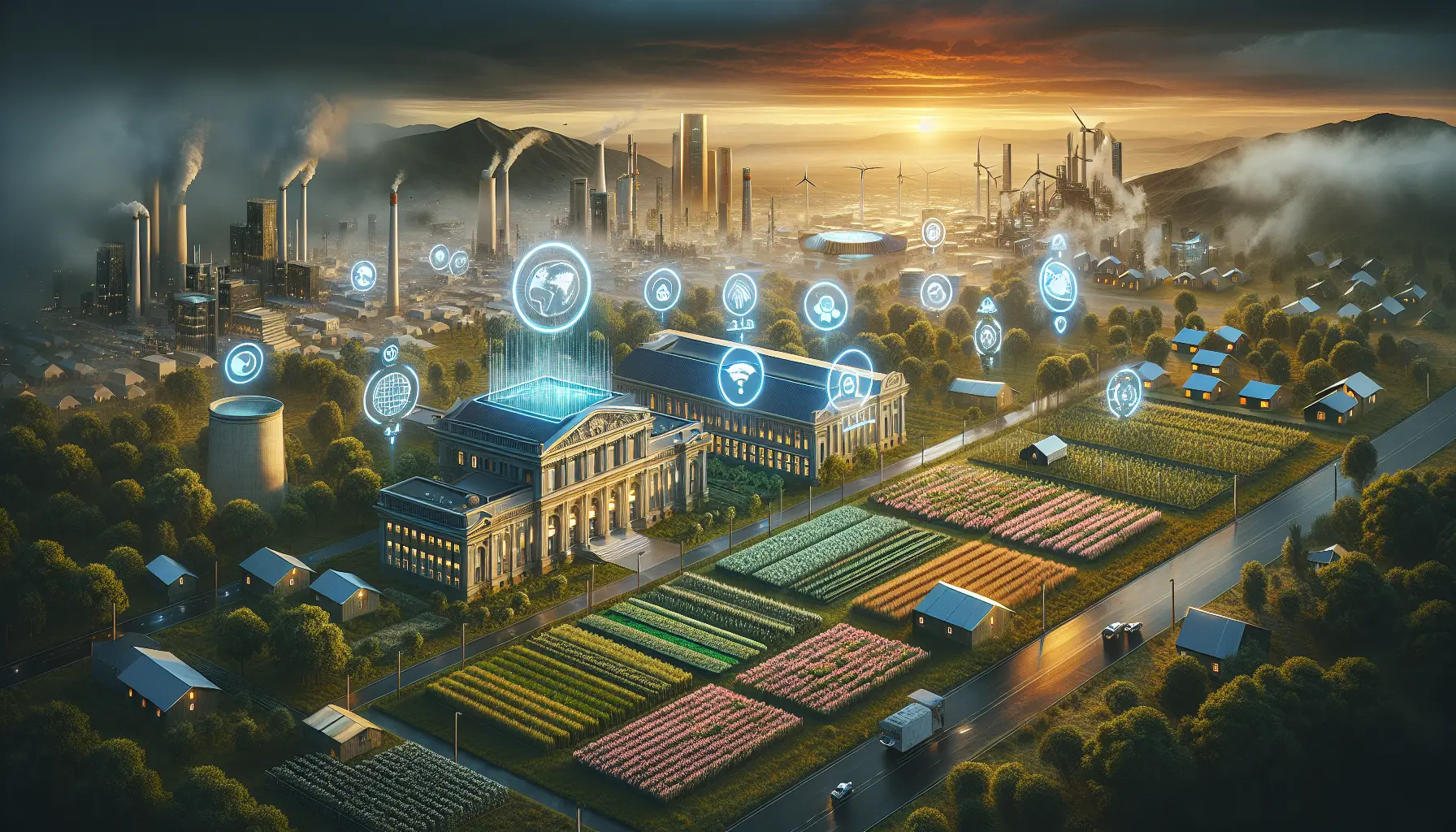 Un paesaggio urbano futuristico con tecnologie verdi e droni che monitorano l'ambiente, simboleggiando l'uso dell'IA nella lotta contro il cambiamento climatico.