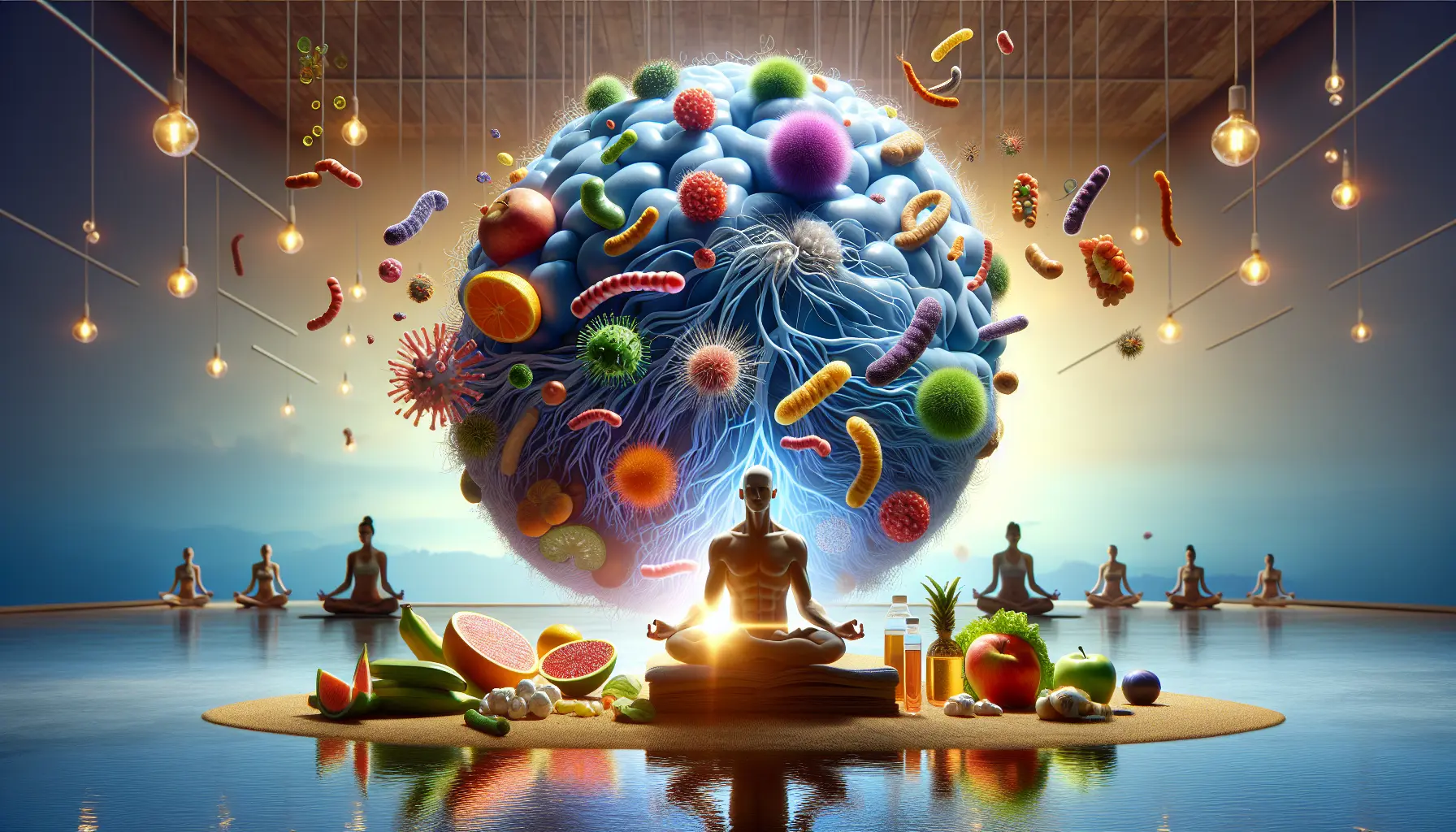 Illustrazione di un intestino sano con batteri benefici che simboleggiano il legame tra microbioma e salute mentale.