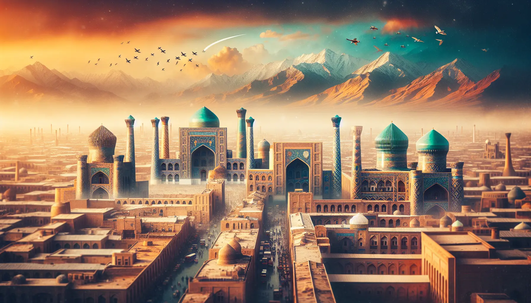 Vista panoramica della piazza Registan a Samarcanda, con le sue moschee e madrase decorate da piastrelle blu.