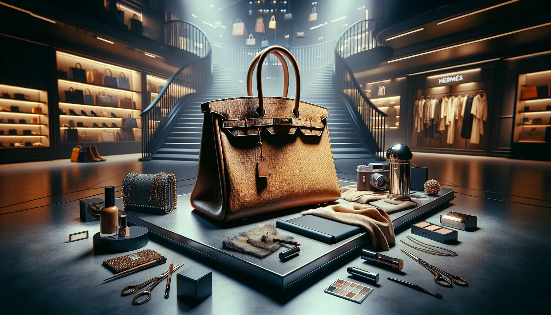 Una borsa Birkin di Hermès esposta in un elegante negozio di moda, simbolo di lusso e status.