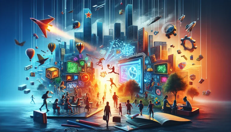 Un insegnante e studenti che esplorano un'app educativa interattiva in un contesto di apprendimento ludico.