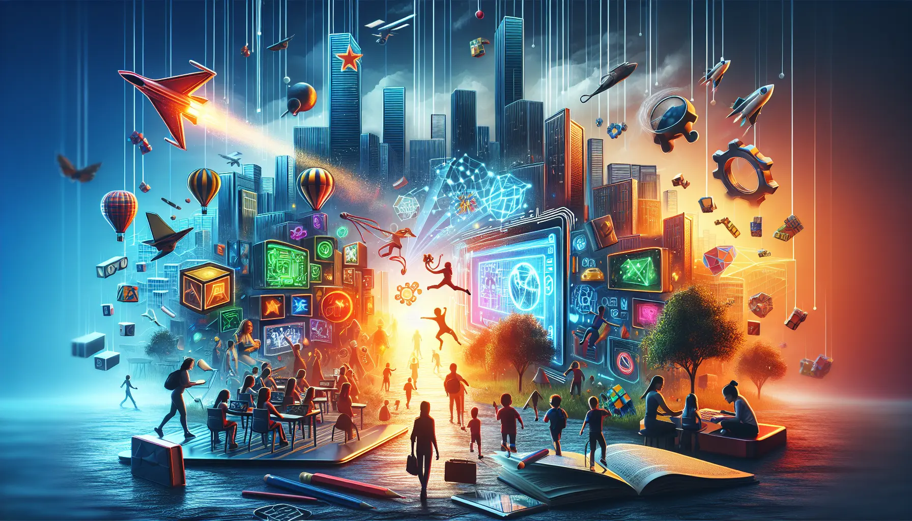 Un insegnante e studenti che esplorano un'app educativa interattiva in un contesto di apprendimento ludico.