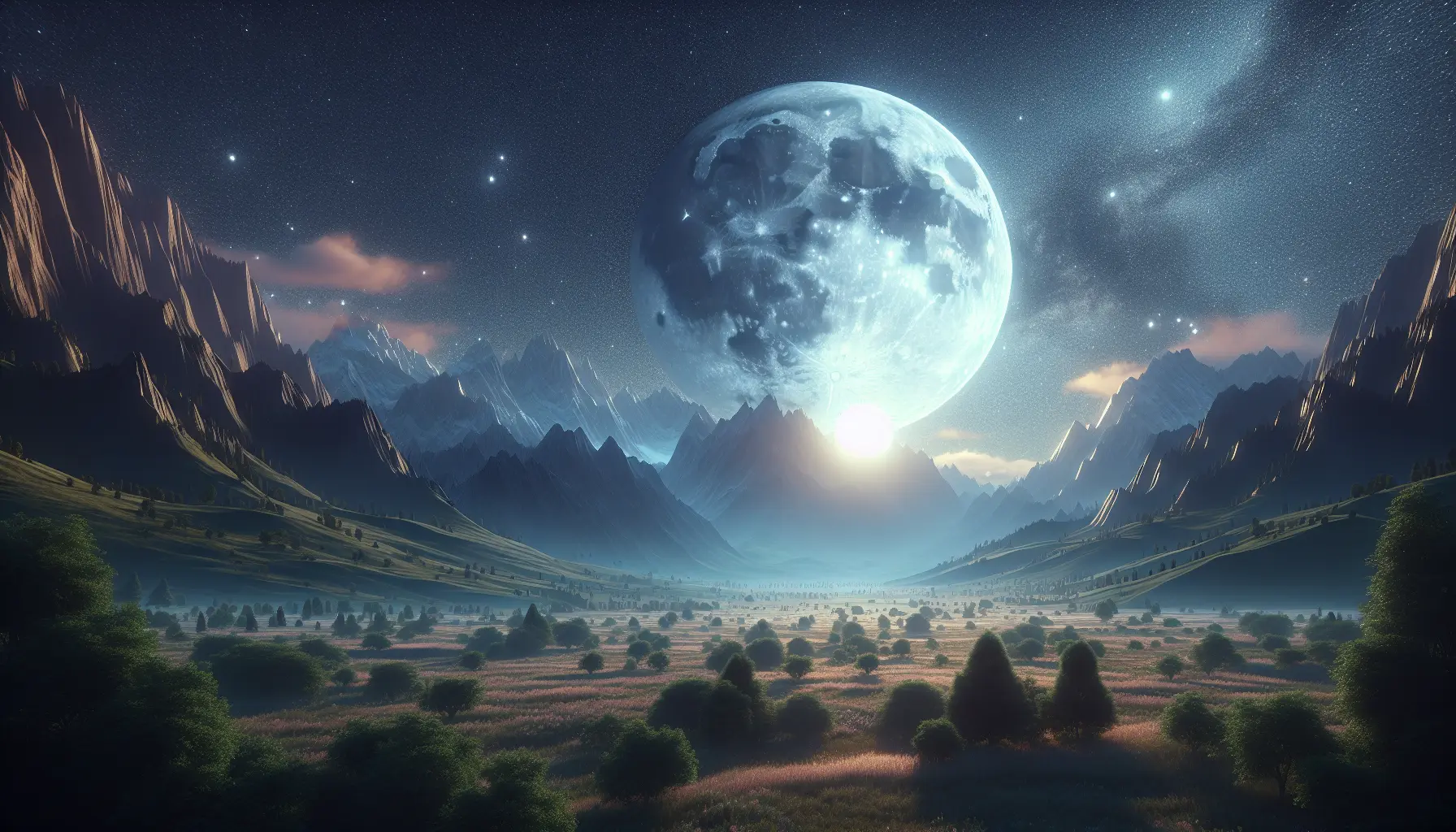 Una luna piena luminosa sopra un paesaggio naturale, simbolo di bellezza e riflessione.