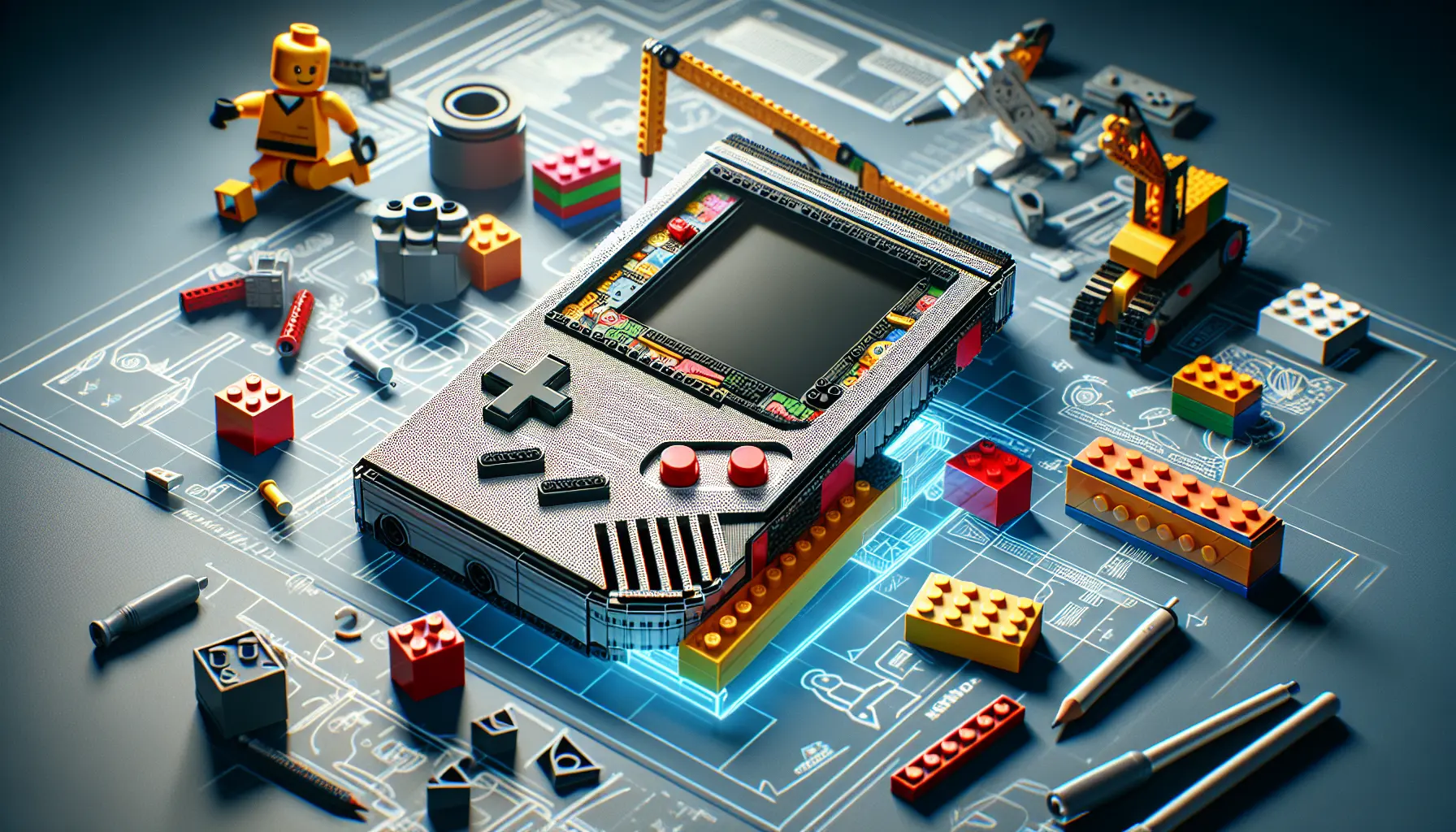 Un Gameboy LEGO costruito con mattoncini colorati, rappresentante la fusione tra gioco fisico e digitale.