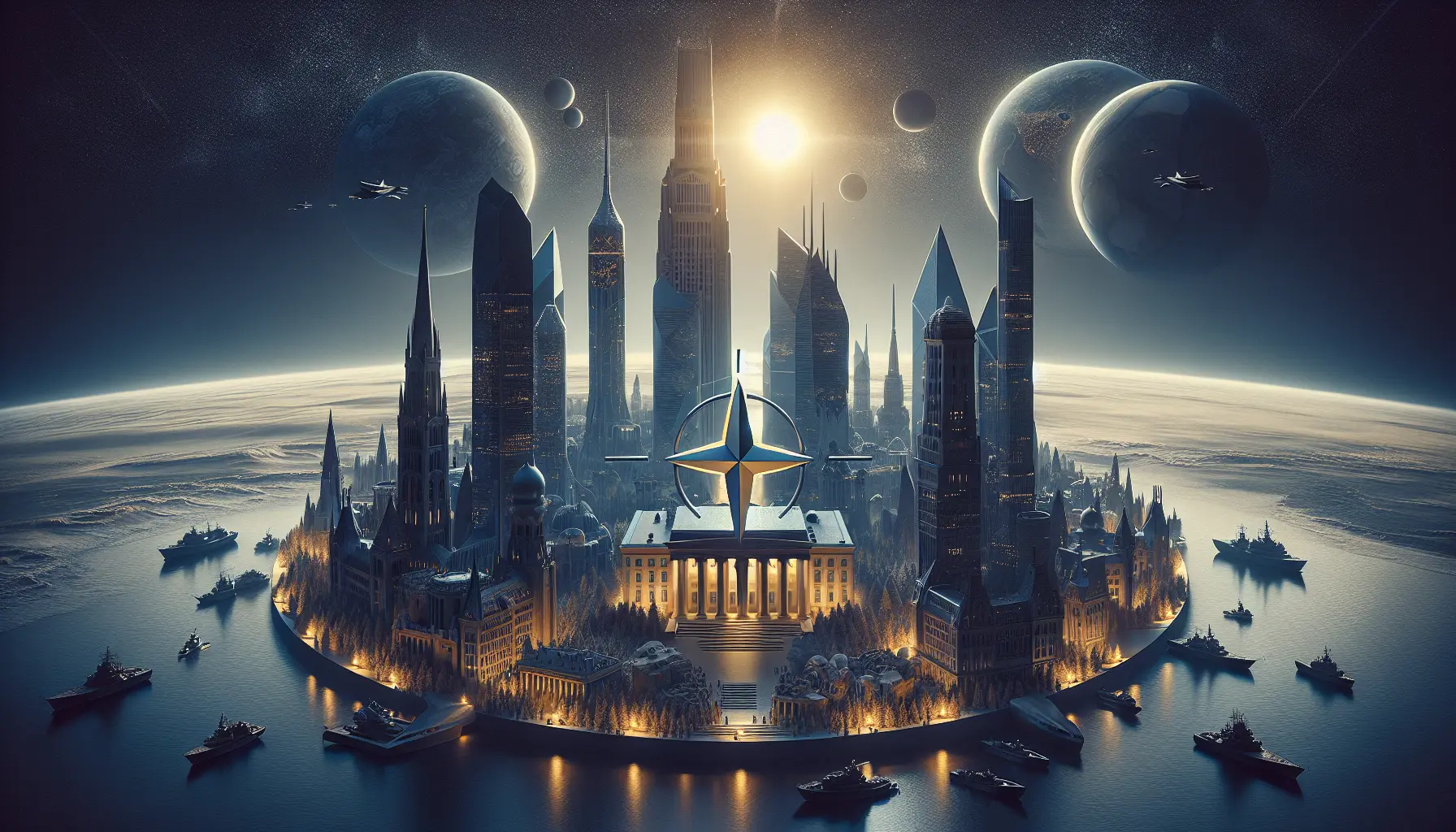 Rappresentazione visiva della NATO con bandiere dei paesi membri e simboli di cooperazione militare.