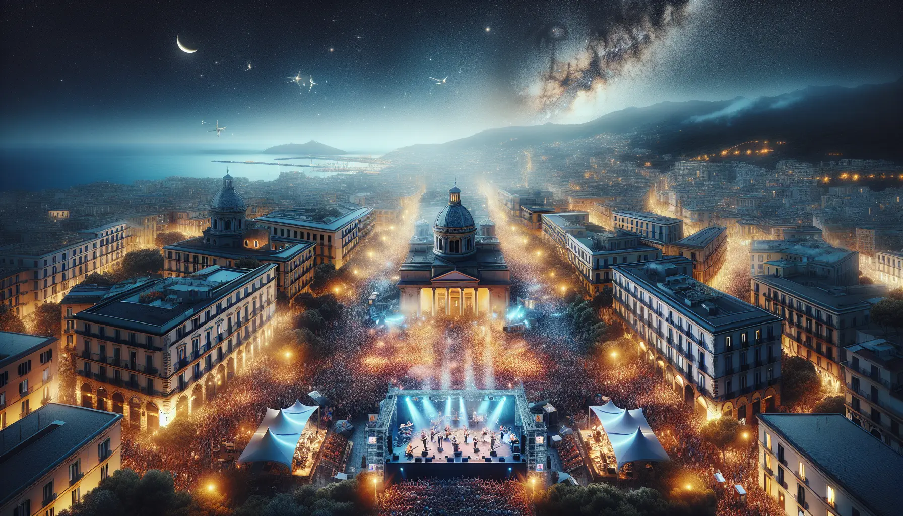 Vista notturna di Salerno durante la Notte Bianca, con luci e persone che partecipano a eventi culturali.