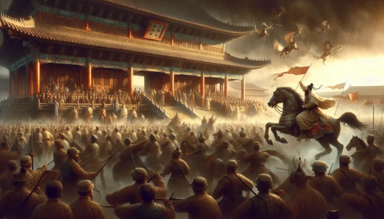 Rappresentazione artistica della Ribellione dei Boxer, con figure storiche e simboli culturali cinesi.