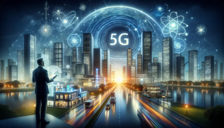 Un'immagine che rappresenta la connettività e la rete 5G, mostrando dispositivi tecnologici in interazione.