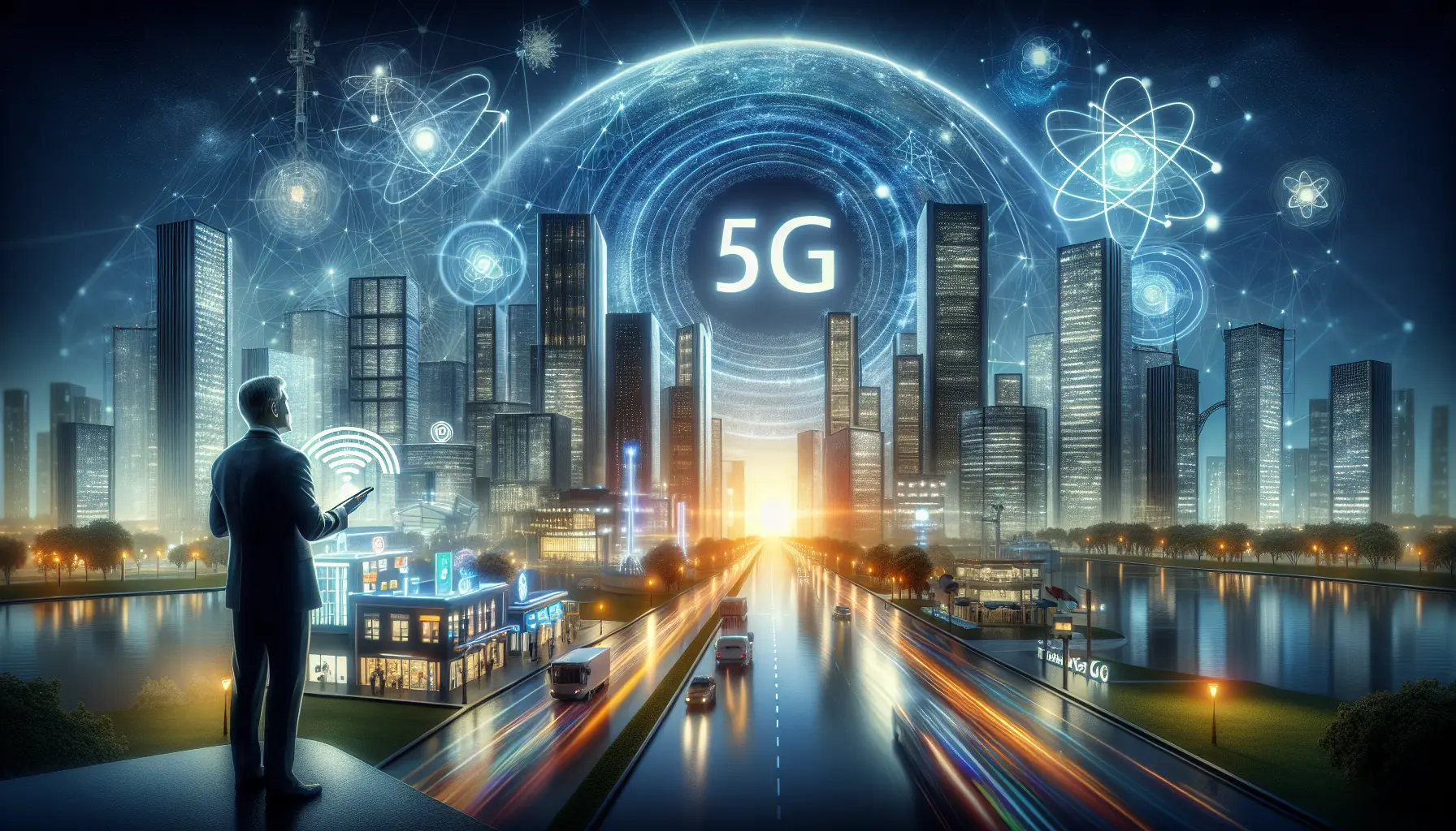Un'immagine che rappresenta la connettività e la rete 5G, mostrando dispositivi tecnologici in interazione.