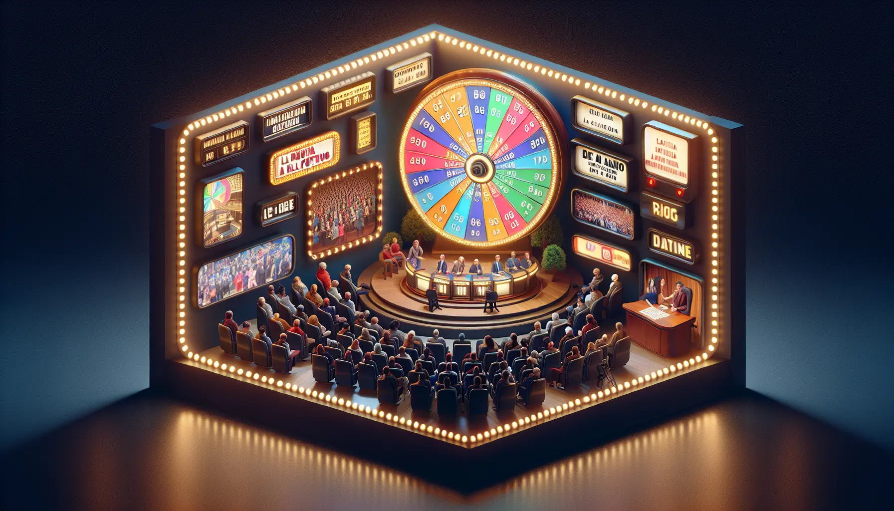 Immagine di una ruota colorata con lettere e premi, simbolo del quiz televisivo La Ruota della Fortuna.